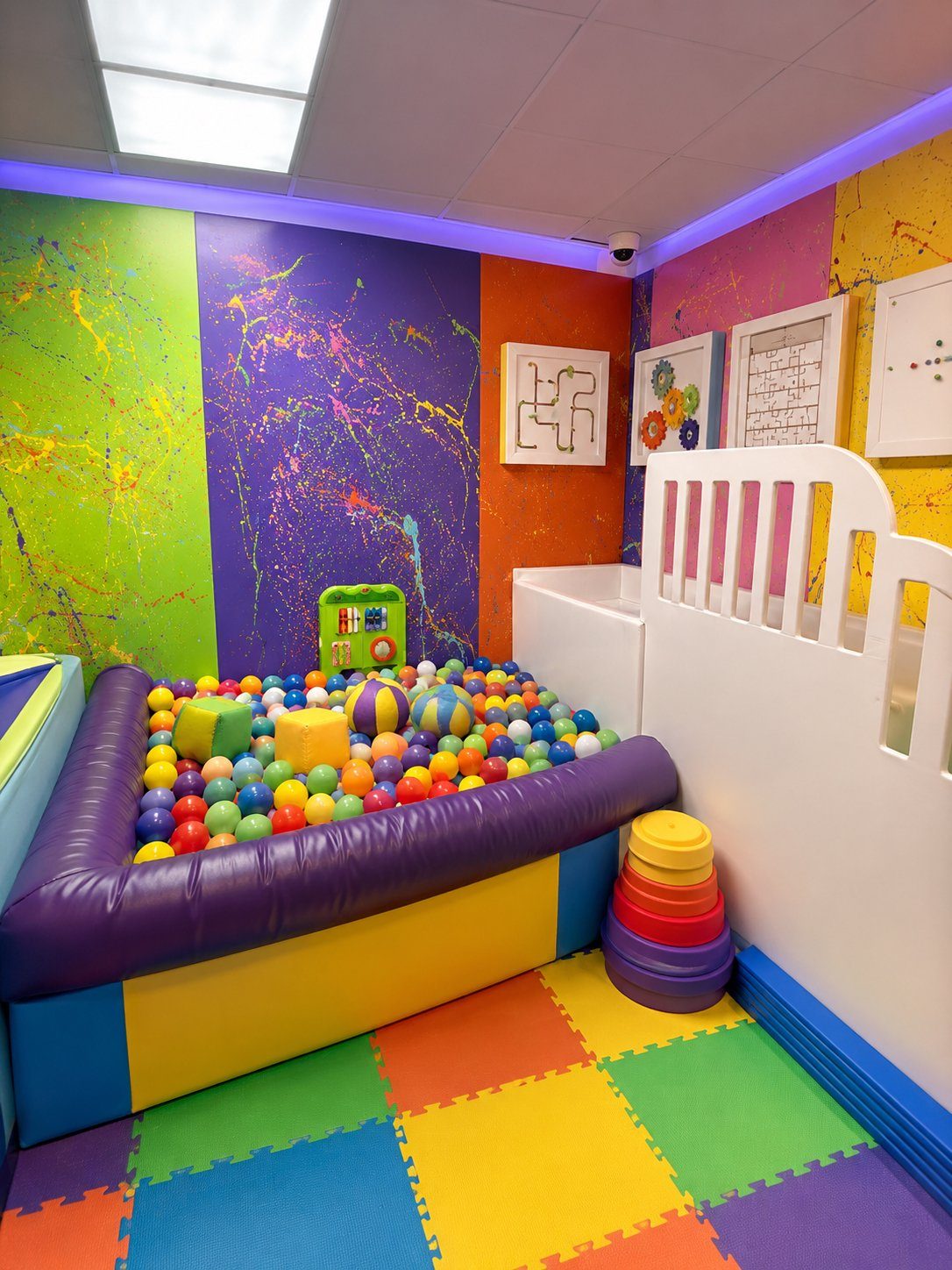 The TOTville ball-pit room with paint-splatter walls, sensory wall toys, and rainbow puzzle-mat floor.