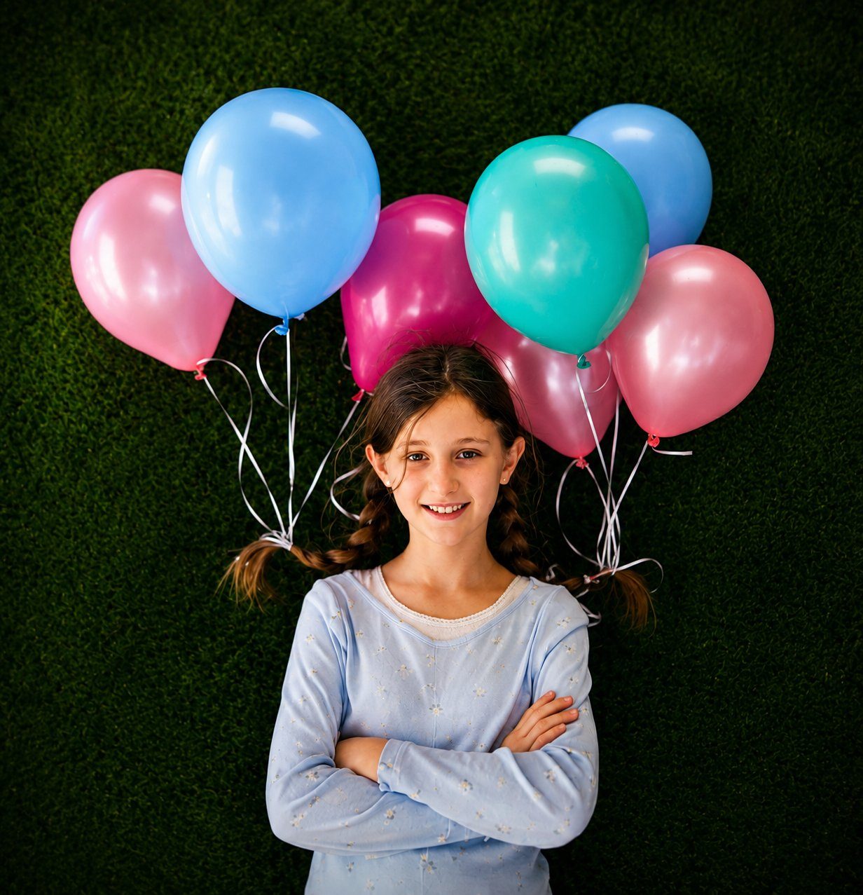 A smiling child posing with balloons against the artificial-turf wall at TOTville.