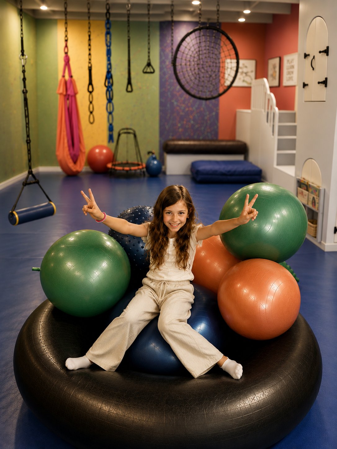 A girl sitting on a donut swing surrounded by exercise balls.