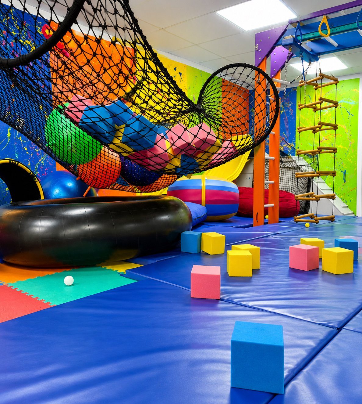 A wide view of the TOTville sensory gym with the ball-pit net, climbing wall, foam cubes, and apparatus.