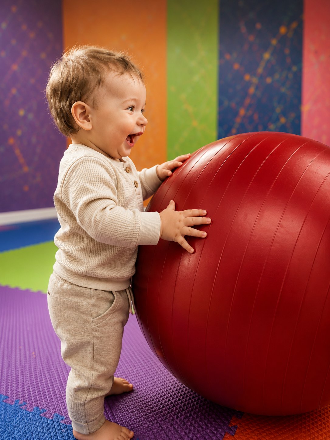 A toddler playing with a large red exercise ball.