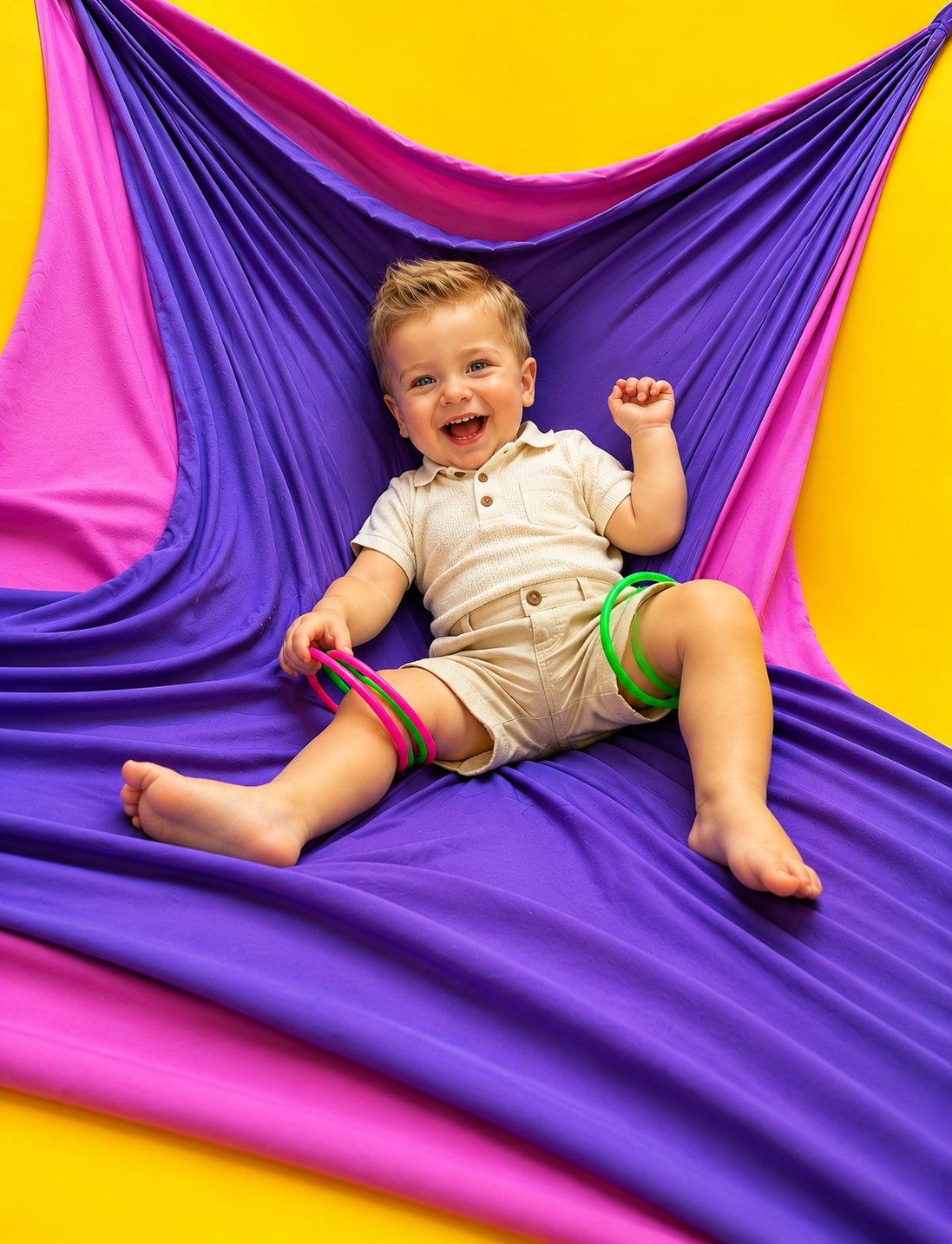 A laughing toddler in a colorful sensory swing.