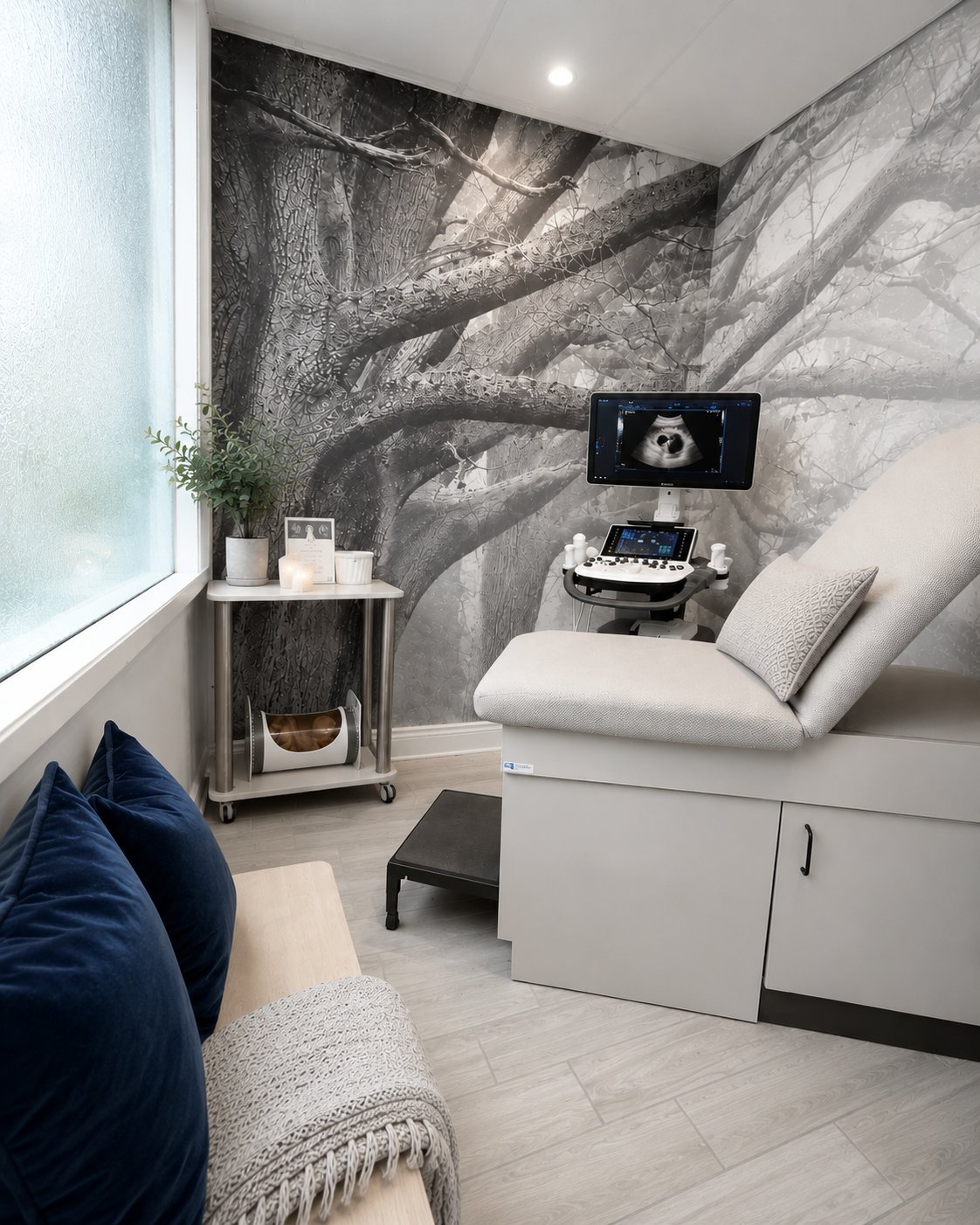 The sonogram room at TOTville with a calming black-and-white tree mural.