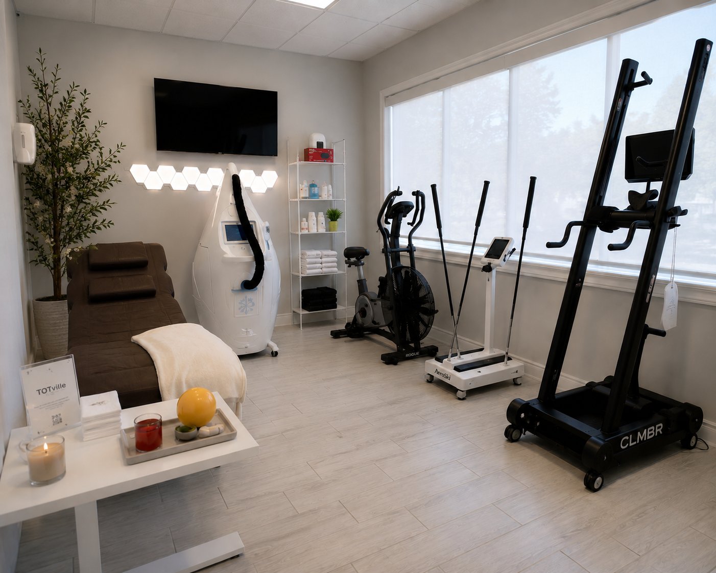 The adult wellness and biohacking room at TOTville, featuring cryotherapy, light therapy, and cardio equipment.